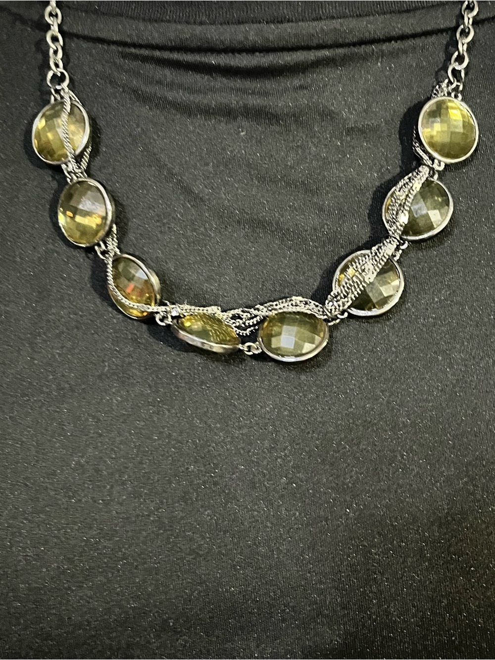 Chico's Faceted Olive Green Stone Necklace with Dark Metal ChainVINTAGE